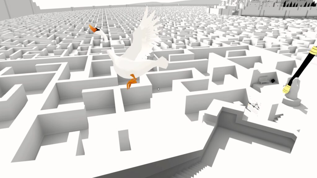 a swan that's missing its neck flies above the labyrinth of the king