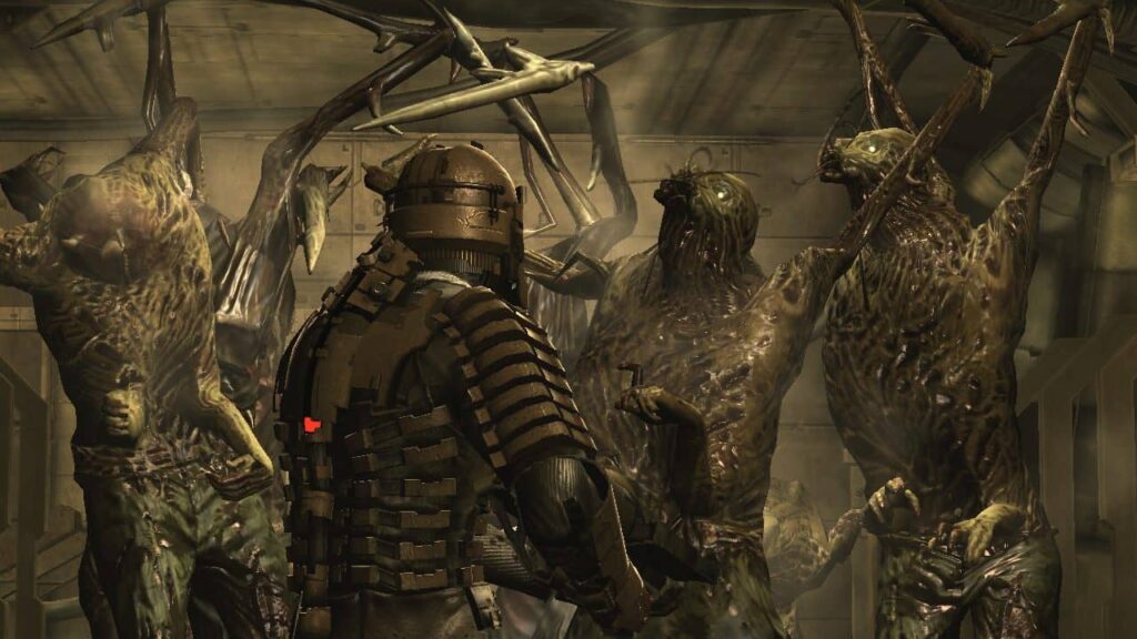issac, the protagonist of dead space faces off a bunch of scary looking necromorphs