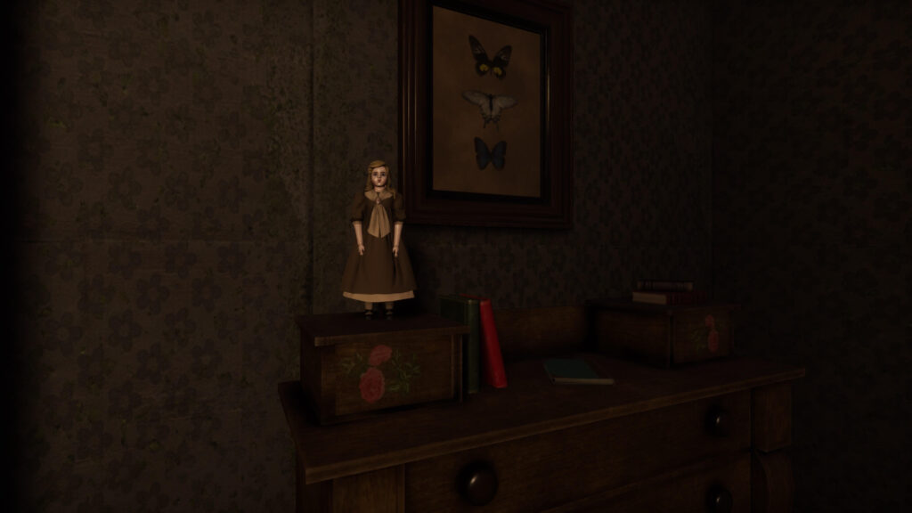 A nightstand with a doll on it, behind her is a painting of 3 butterflies
