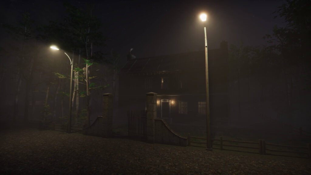 The entrance of the big scary house is illuminated with two street lamps