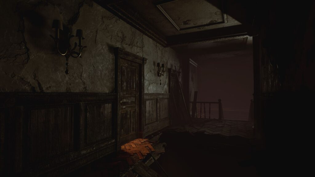 Dark Hallway, walls are cracked and the floor has a giant hole in it. Silver Chains PS4 Review